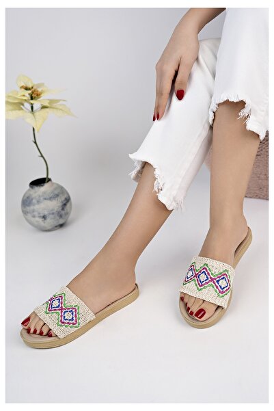 Modafırsat Kadın Günlük Terlik Bej Örgü Dantel Triko Hasır Örme Şık Yazlık Ev Plaj Tatil Sokak Terliği