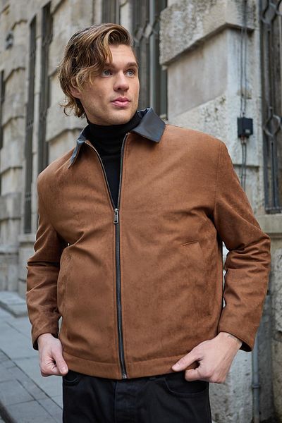 Danger Ανδρικό δερμάτινο παλτό με λεπτομέρειες Suede Tan Jacket