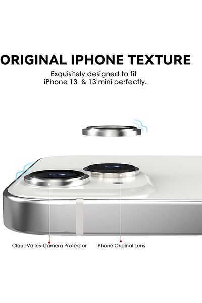 AWH iPhone 13 6.1" /13 Mini 5.4" Camera Lens Protector, Aluminum Alloy Ring, Glass Cover, Silver
