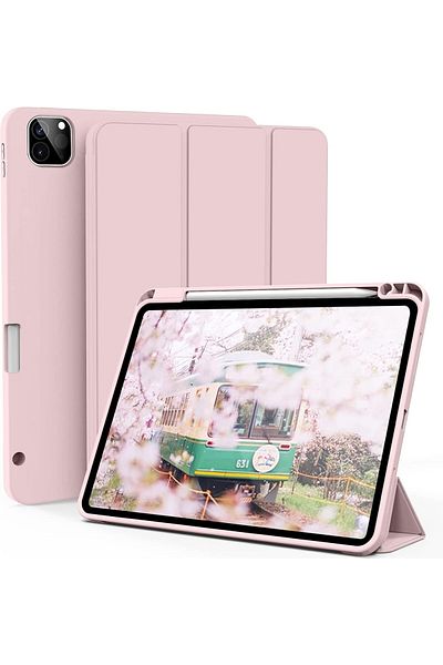 AWH iPad Pro 12.9 Case with Pencil Holder 2021/2020, Slim Trifold Stand, Auto Sleep/Wake, Pink