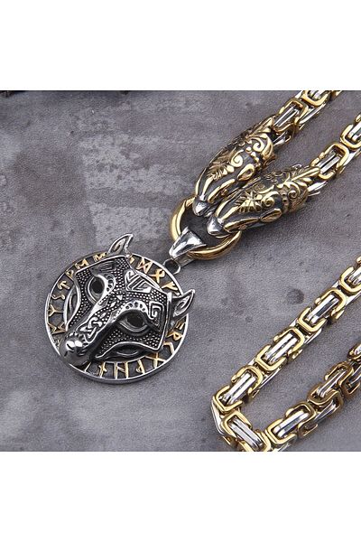 Viking Men's Steel Necklace - Wolf Head, Scandinavian Motif, Fenrir Thor Mjollnir and King Chain, 316L