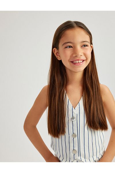 Koton Cotton Button Detailed V-Neck Striped Crop Vest