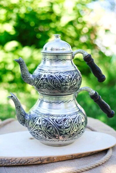 Bakır Concept Bakır Çaydanlık Oyma Nakış İşlemeli Gümüş Renk (KALAYLI)
