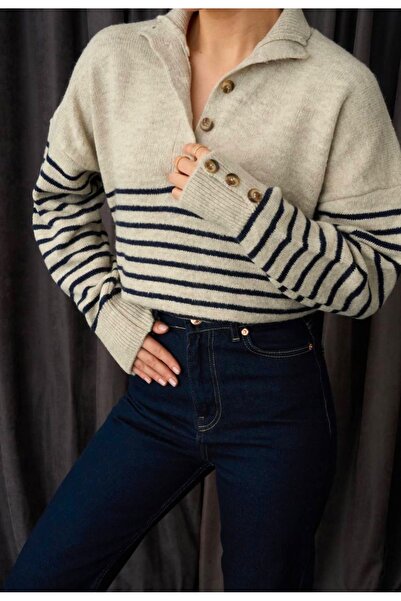 Qu Style ÇİZGİLİ POLO YAKA BEJ RENGİ KAZAK