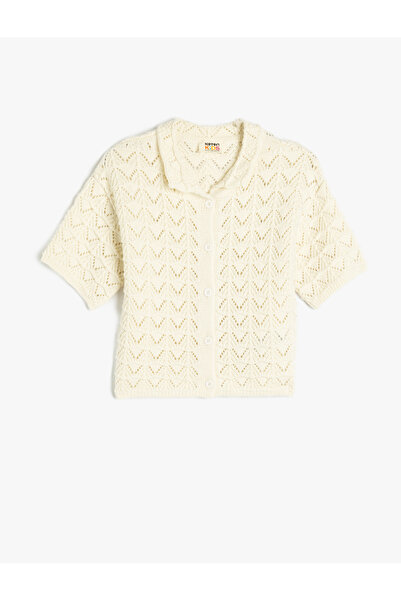 Koton Short Sleeve Openwork Polo Neck Button Closure Knitwear Cardigan