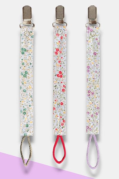 JMB Just My Baby Pacifier Straps - 3 Pieces - Purple/Red/Green - Flower Figures
