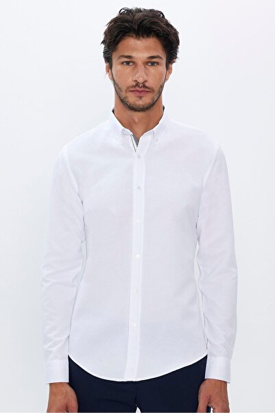 Tudors Slim Fit Uzun Kollu Düğmeli Yaka Pamuklu Kolay Ütü Düz Erkek Gömlek