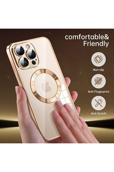 AWH Magnetic Clear Case for iPhone 14 Pro Max, Camera Lens Protector, MagSafe, Anti-Scratch - Gold