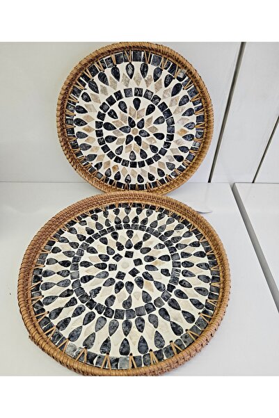 ALANYA HOME DECOR MOTHER OF PEARL/WICKER TRAY SET OF 2 30 cm + 35 cm SEDEF/HA...