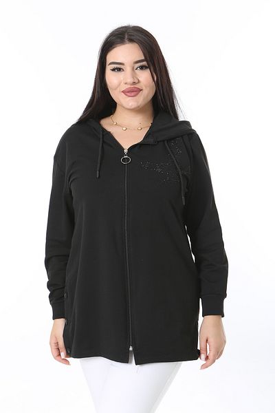 Şans Plus Size Black Jewelled Zippered Snap Button Unlined Coat 65N38386