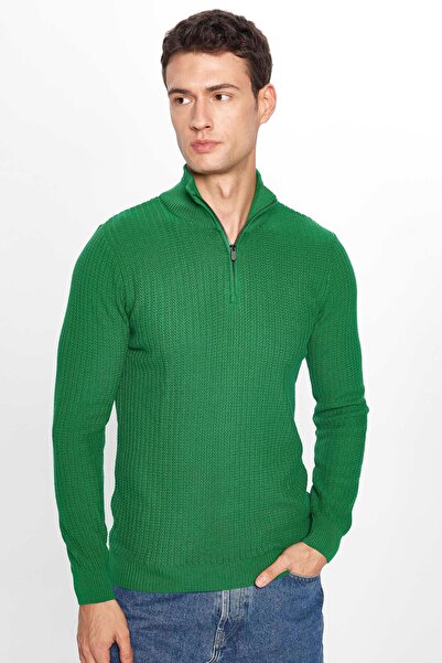 Tudors Men's Slim Fit Slim Fit Stand Collar Zip Green Knitwear Sweater