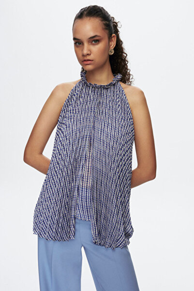 adL Crocus Halter Yaka Piliseli Desenli Bluz