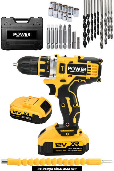 POWER BLACK 24 Parça Metal Şanzıman Çift Akülü Bakır Sargı Şarjlı Matkap Akül...