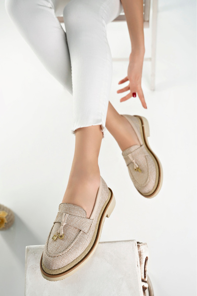 MARSHETTA Loressa Model Bej Keten Kadın Loafer Günlük Ayakkabı