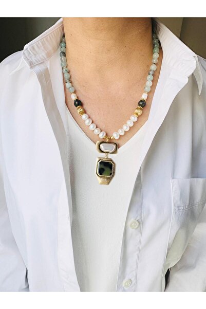 DEVİ fashion قلادة من اللؤلؤ الحقيقي والأحجار الطبيعية الخضراء مقاس 54 سم