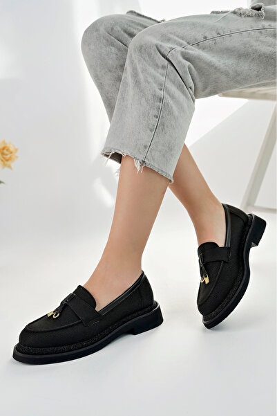 MARSHETTA Loressa Model Siyah Keten Kadın Loafer Günlük Ayakkabı