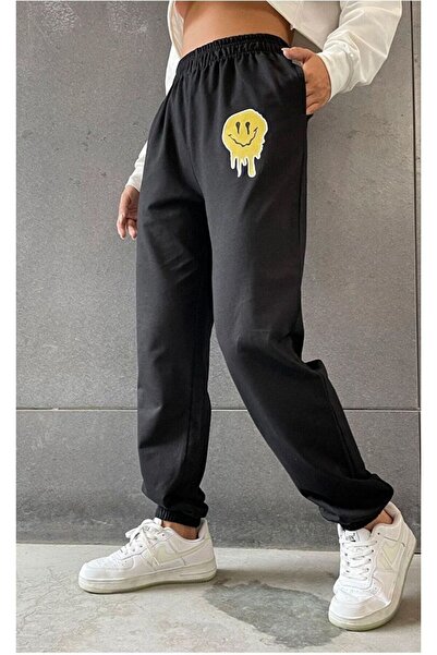 caddekombin Women's Smiley Smile Printed Jogger Leg Elastic Comfortable Fit Black Sweatpants