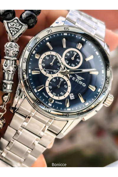 FERRO وظائف نشطة، سوار فولاذي فضي اللون، ساعة يد رجالية باللون الأزرق الداكن،...