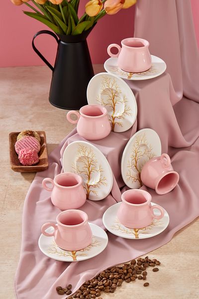 Babion Pink Linden 12-Piece Luxury Ceramic 6-Person Coffee Cup Set, Pink Coffee Cup