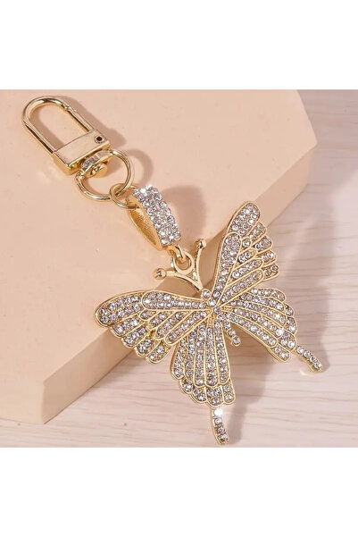 Fivy Altın Renk Taş Süslü Kelebek Çanta Charmı, Anahtarlık
