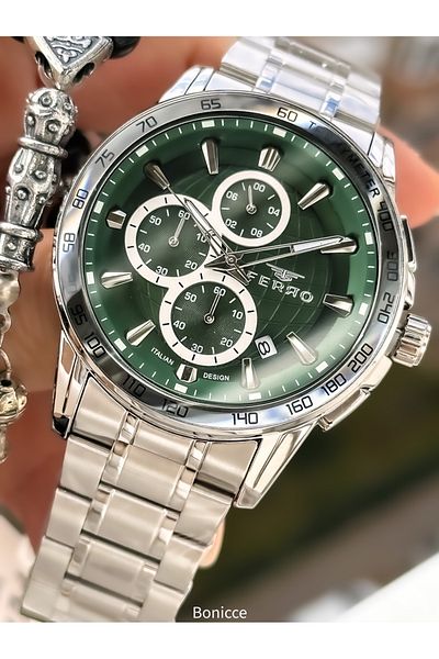 FERRO Functions Active, Silver Color Steel Band, Green Dial Men's Wrist Watch Rosary Bracelet