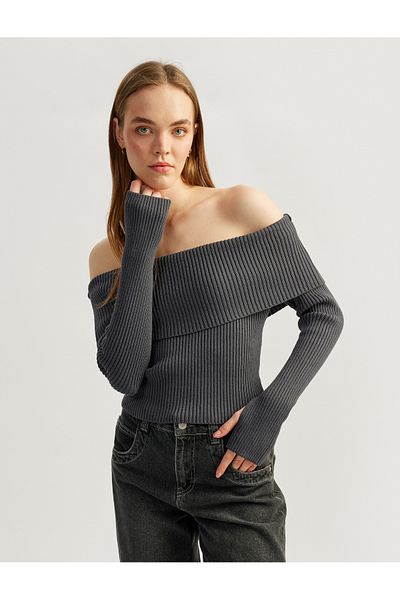 Koton Slim Fit Long Sleeve Off-The-Shoulder Madonna Collar Knitwear Sweater