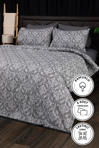 FAVORA Double Duvet Cover Set with Spiral Elastic Sheets - Anthracite