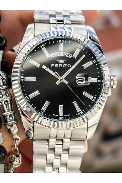 FERRO Functions Active, Silver Color Steel Band, Black Dial Men's Wrist Watch Rosary Bracelet