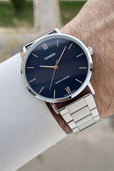 Casio Silver Color Men's Wristwatch with Dark Blue Cord