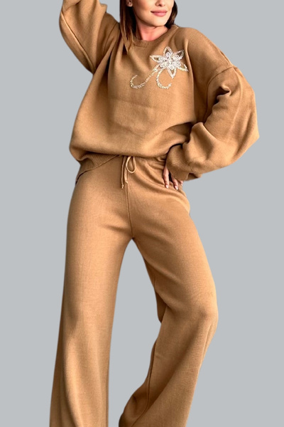 mefru Дамски комплект от две части, пуловер с мъниста и панталон