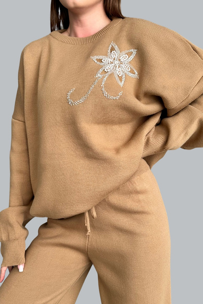 mefru Дамски комплект от две части, пуловер с мъниста и панталон