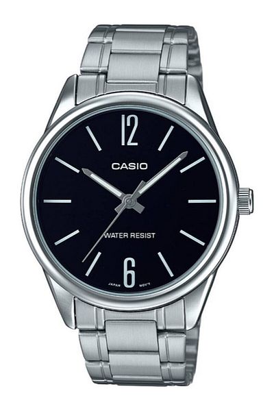 Casio ساعة يد رجالية باللون الفضي مع قرص أسود