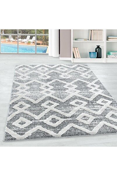 Pixel Modern Kabartmalı Bukleli İskandinav Desenli 3 Boyutlu Tozumaz Gri Dekoratif Halı