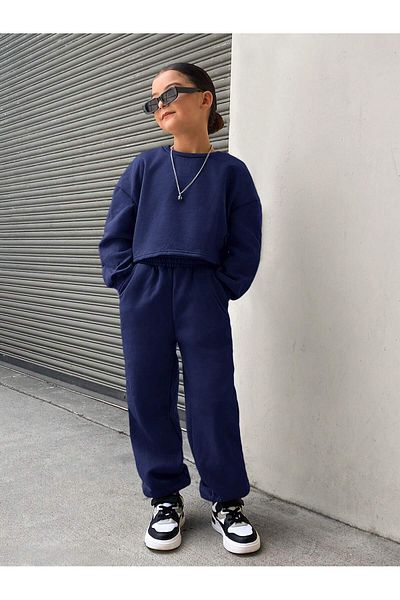 poswicon Navy Blue Female Child Short Bottom Top Suit Sweatshirt