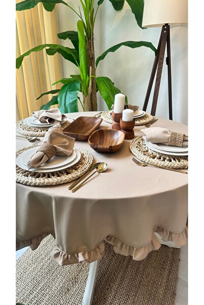 Decamor home Cotton Vintage Beige Ruffled Round Tablecloth Water Repellent Stain Resistant