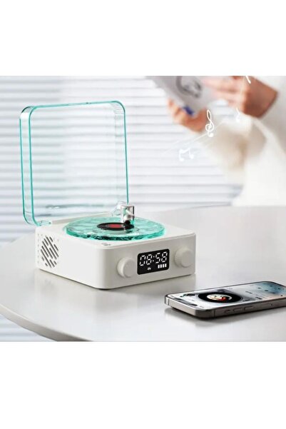 PREPARE Mini Nostalji Plak Görünüm Dekor Waves Bluetooth Işıklı Müzik Çalar Saat Tf Kart Aux Özellikli