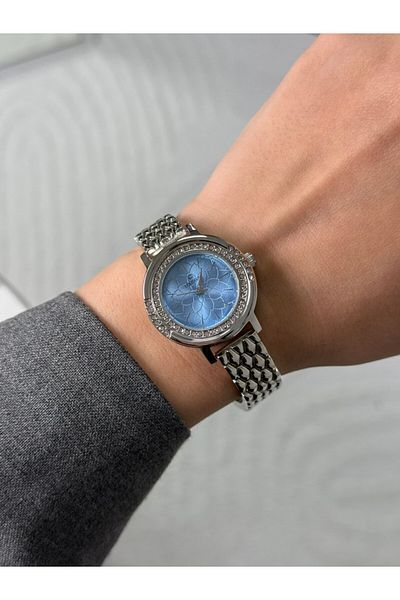 RoseandRoses Celeb Stoned Round Case Stylish Women's Wristwatch Silver Color (Blue Dial)