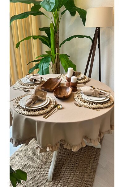 Decamor home Cotton Vintage Beige Ruffled Round Tablecloth Water Repellent Stain Resistant