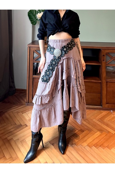 Bak'ap Fusta lungă de vară asimetrică cu volane din bumbac premium