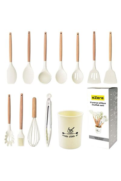 BENİMOLMALI Ezere, 11-Piece Silicone Tip Wooden Handle Kitchen Set and Storage Box