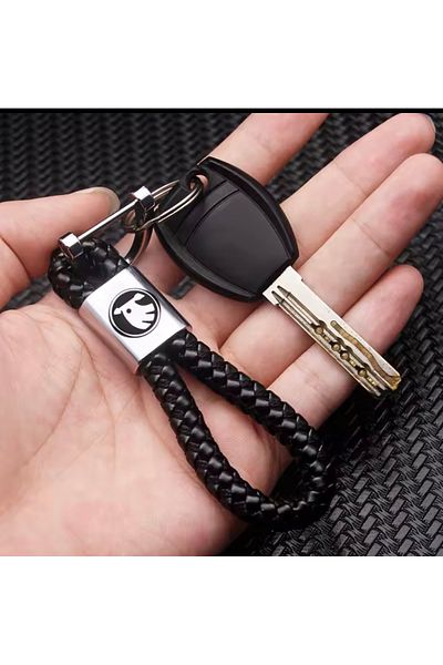 RoseTR Black Leather Braided Keychain Compatible with Skoda Fabia, Kodiaq, Kamiq, Octavia Superb