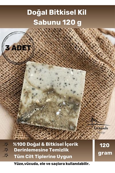 Fernanda 100% Organic Clay Soap - Only Herbal Ingredients over 120g 3 Pieces