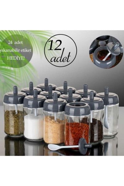 abenim 12 Pieces Spice Holder Set with Spoon - 330 ml - Glass Jar