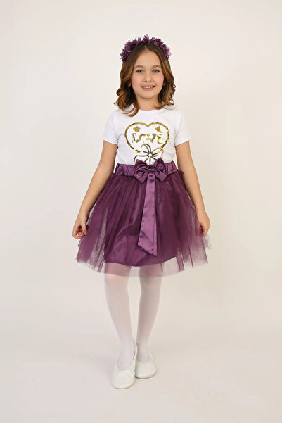 NOBLE STORE تي شيرت بناتي على شكل قلب باللون الأرجواني تنورة توتو تناسب 23 أب...