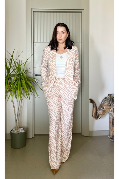 Butik Zebra Patterned Tirel Linen Jacket Pants Suit