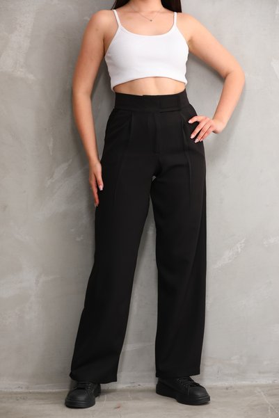 H&A İSTANBUL Women's Black Pocketed Hook-and-Loop Closure Wide-Leg Woven Premium Comfortable Palazzo Pants