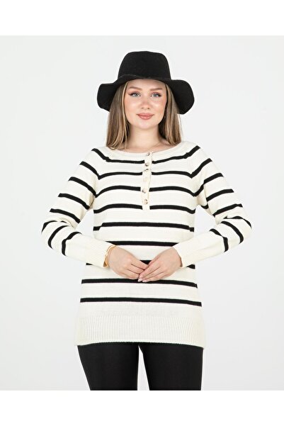Sortie Ecru Color Striped Wide Placket Collar Sweater