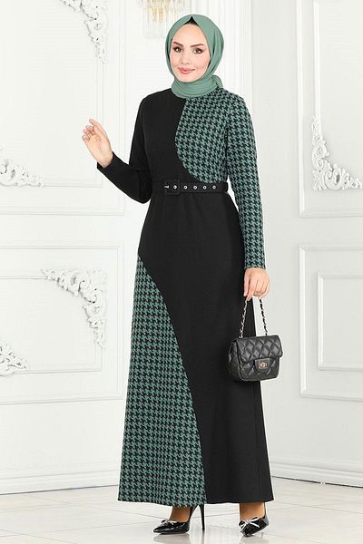 katalya Emerald Houndstooth Patterned Tivit Dress