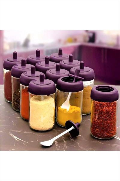 abenim 12 Pieces Spice Holder Set with Spoon - 330 ml - Glass Jar