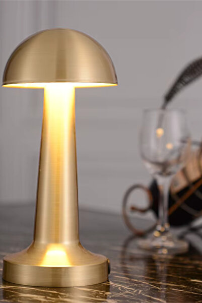ENZE LİGHTİNG Dekoratif Metal Gold Renk Mantar Kablosuz Şarjlı Dokunmatik Masa Lambası (3 RENK MOD)